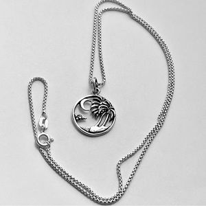 Sterling Silver Beach Palm Tree with Moon Necklace, Silver Necklace, Tropical